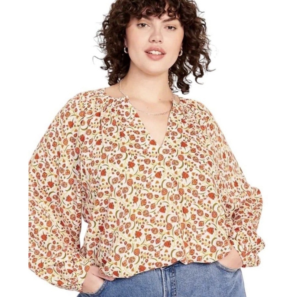 Old Navy Peasant Blouse Womens Size XL Red Orange Ditsy Floral Cottagecore Boho